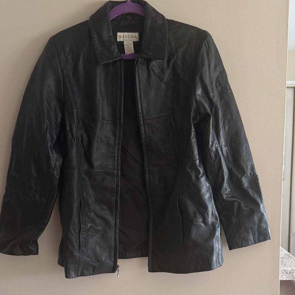 Merona Black Leather Zip-Front Jacket